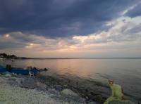 Fischerboot mit Katze am Strand von Litochoro-Pláka (Foto: katarina , Litochoro, Zentralmakedonien, Griechenland am 05.07.2021) [5423]